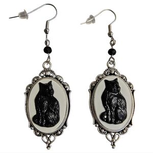 Victorian style Black Cat Cameo dangle earrings